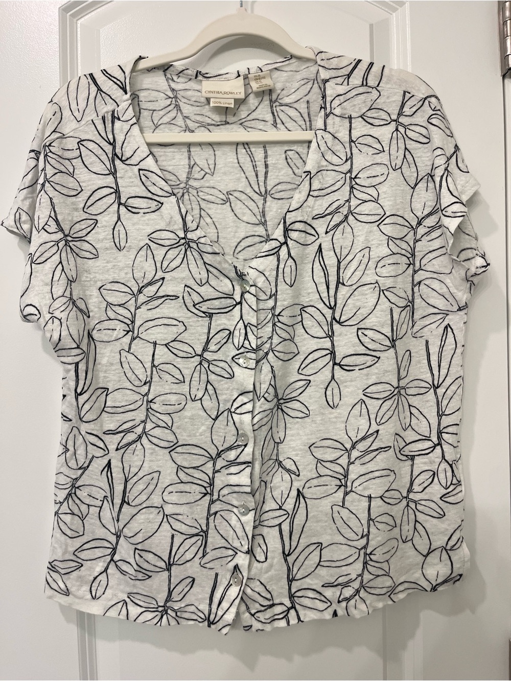 Cynthia Rowley White Leaf-Print Button Front Top 100% Linen Beachy Chic XL